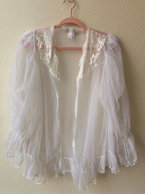Vintage Cinema Etoile Sheer White Lace Chiffon Robe Fairycore Angelcore Coquette